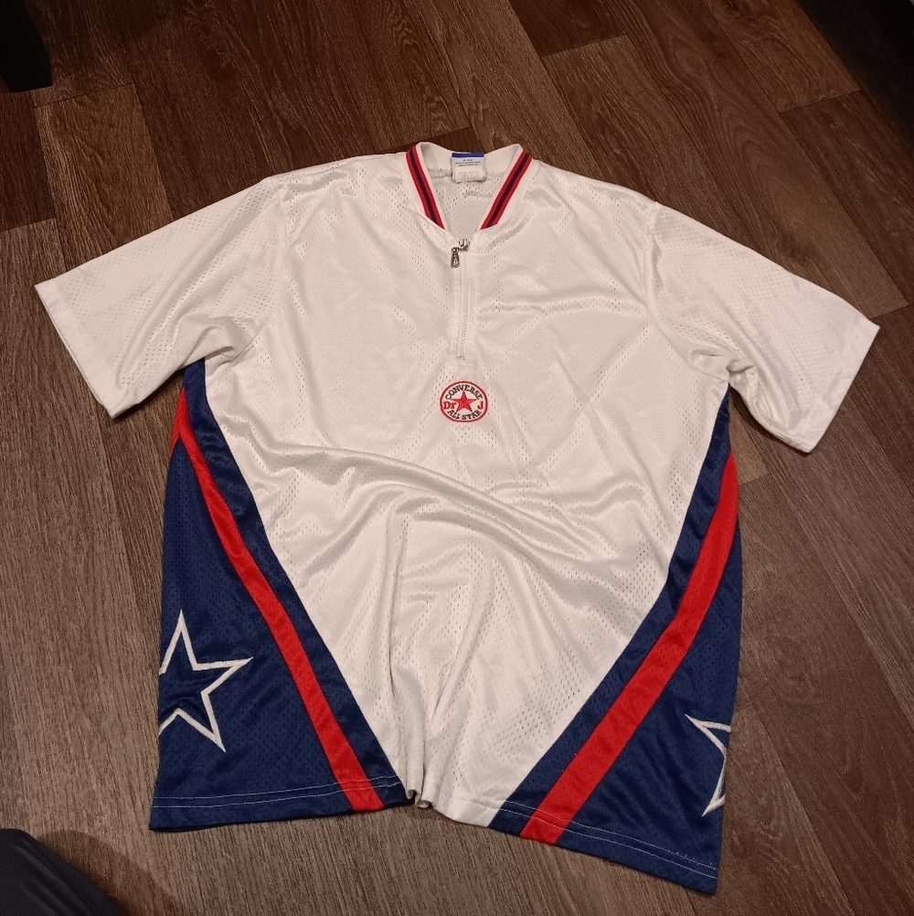 Vintage Converse Dr J All Star Mesh Warm Up Jersey Y2K Sewn Logo  White Red Blue